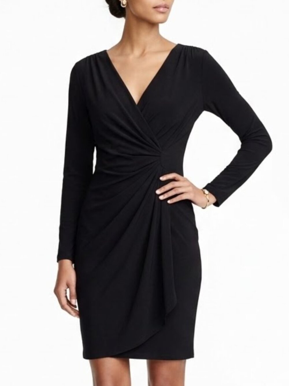 Evan Picone  Black 3/4 Sleeve Evening Rouching Ruffled Front Slip on Dress Sz 10